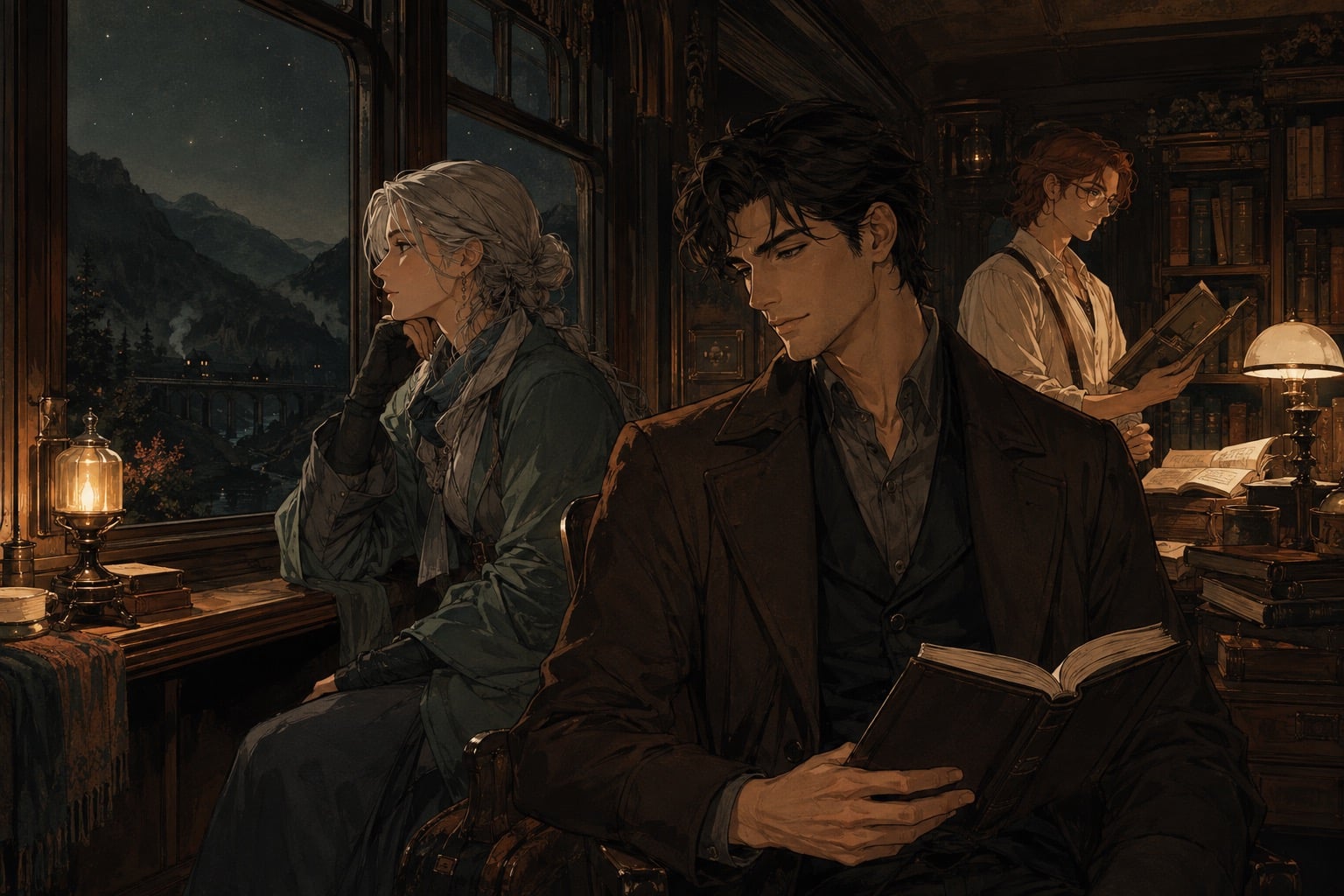 夜の列車の読書室に集う、3人のオリジナルキャラクターのイラスト